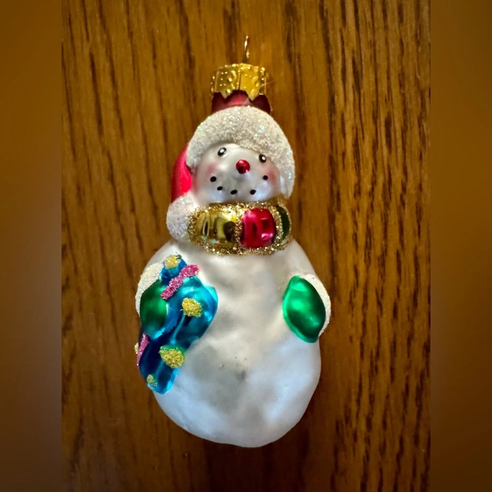 Vintage Blown Glass Snowman Christmas Ornament Glitter Scarf Stocking 3
